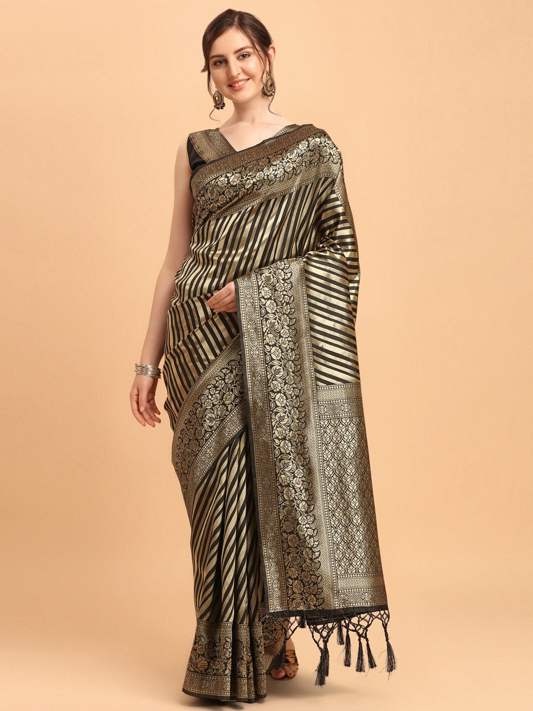 

KALINI Gold-Toned & Black Woven Design Silk Blend Leheriya Saree