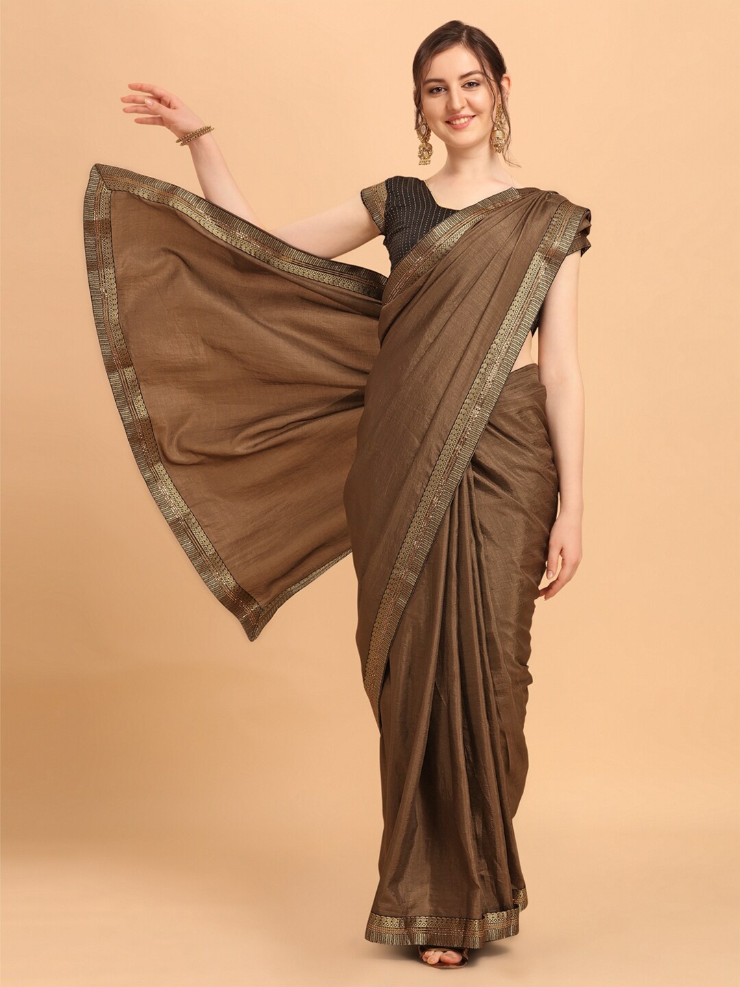 

KALINI Women Brown Gold-Toned Embellished Lace Work Solid Silk Blend Fusion Saree