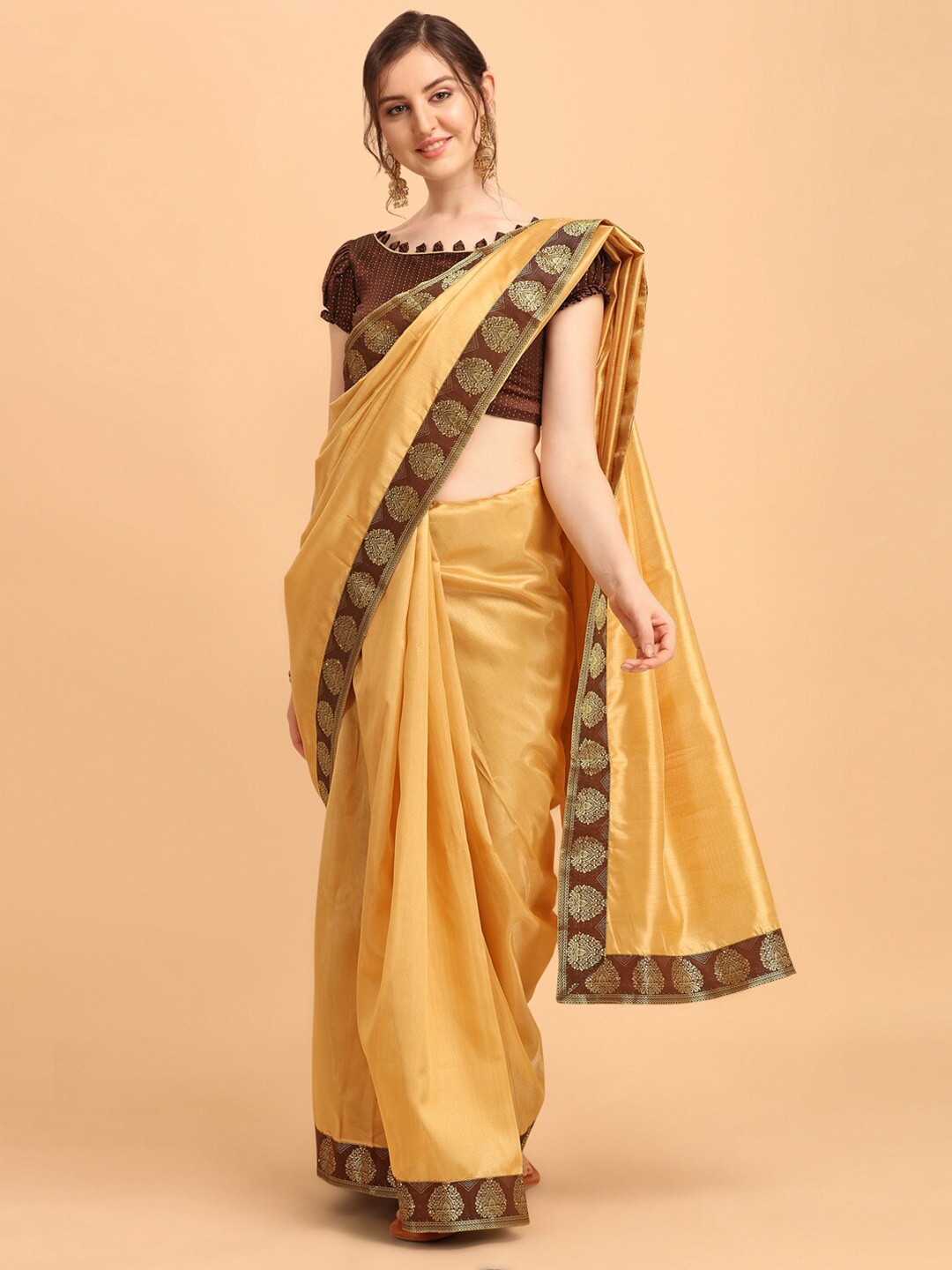 

KALINI Gold-Toned & Brown Silk Blend Saree