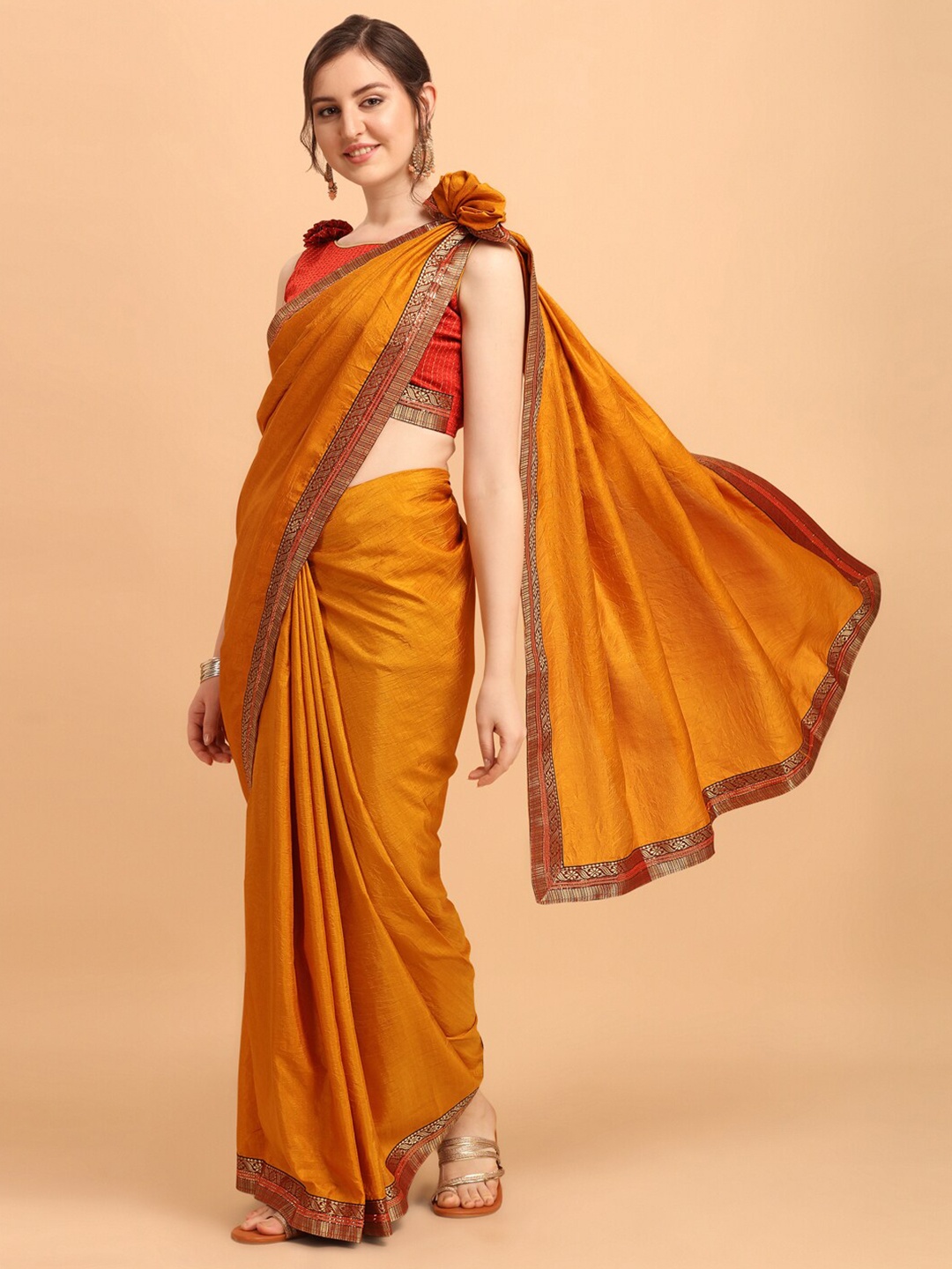

KALINI Women Mustard Gold-Toned Embellished Lace Work Solid Silk Blend Fusion Saree