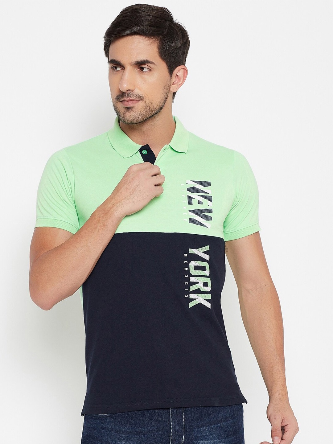 

NEVA Men Green & Navy Blue Colourblocked Polo Collar T-shirt