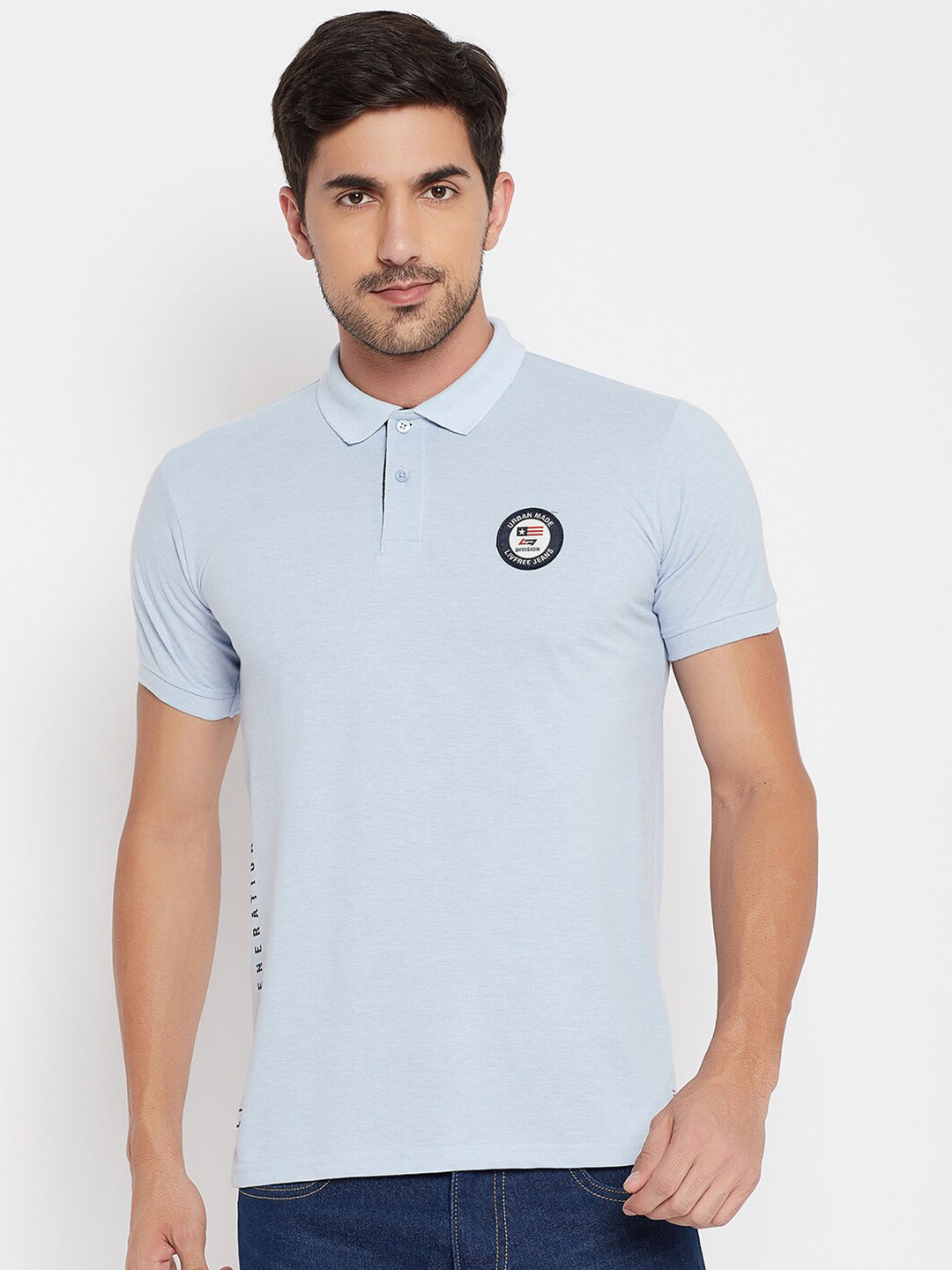 

NEVA Men Blue Graphic Printed Polo Collar Applique T-shirt
