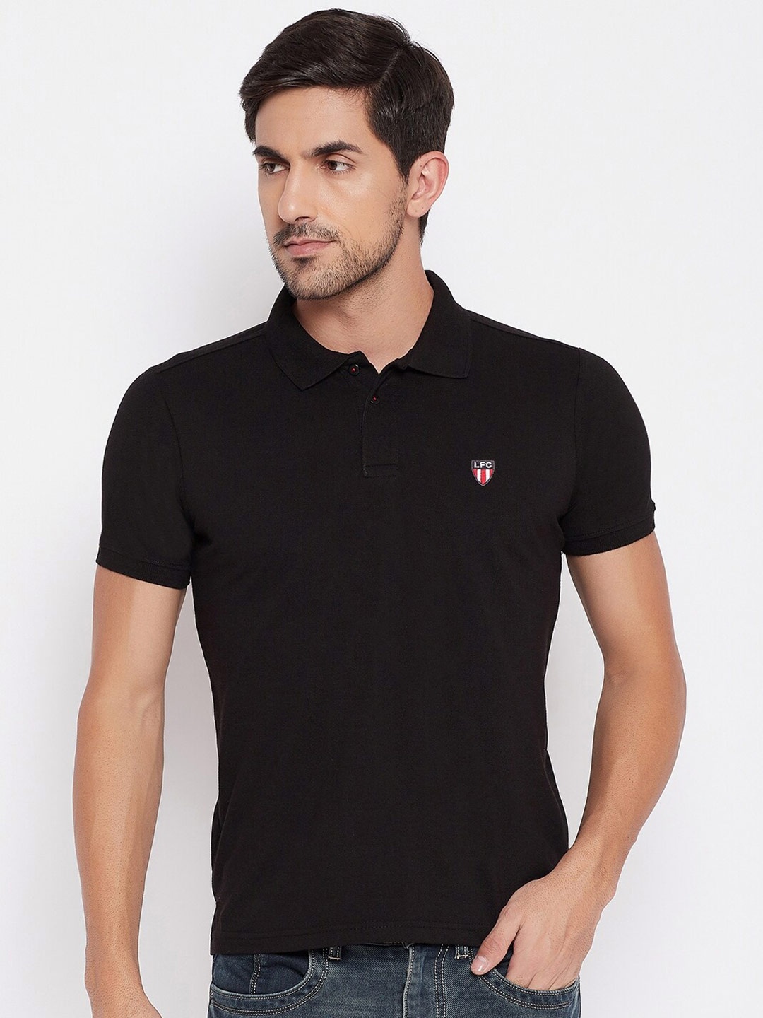 

NEVA Men Black Polo Collar Monochrome Applique T-shirt