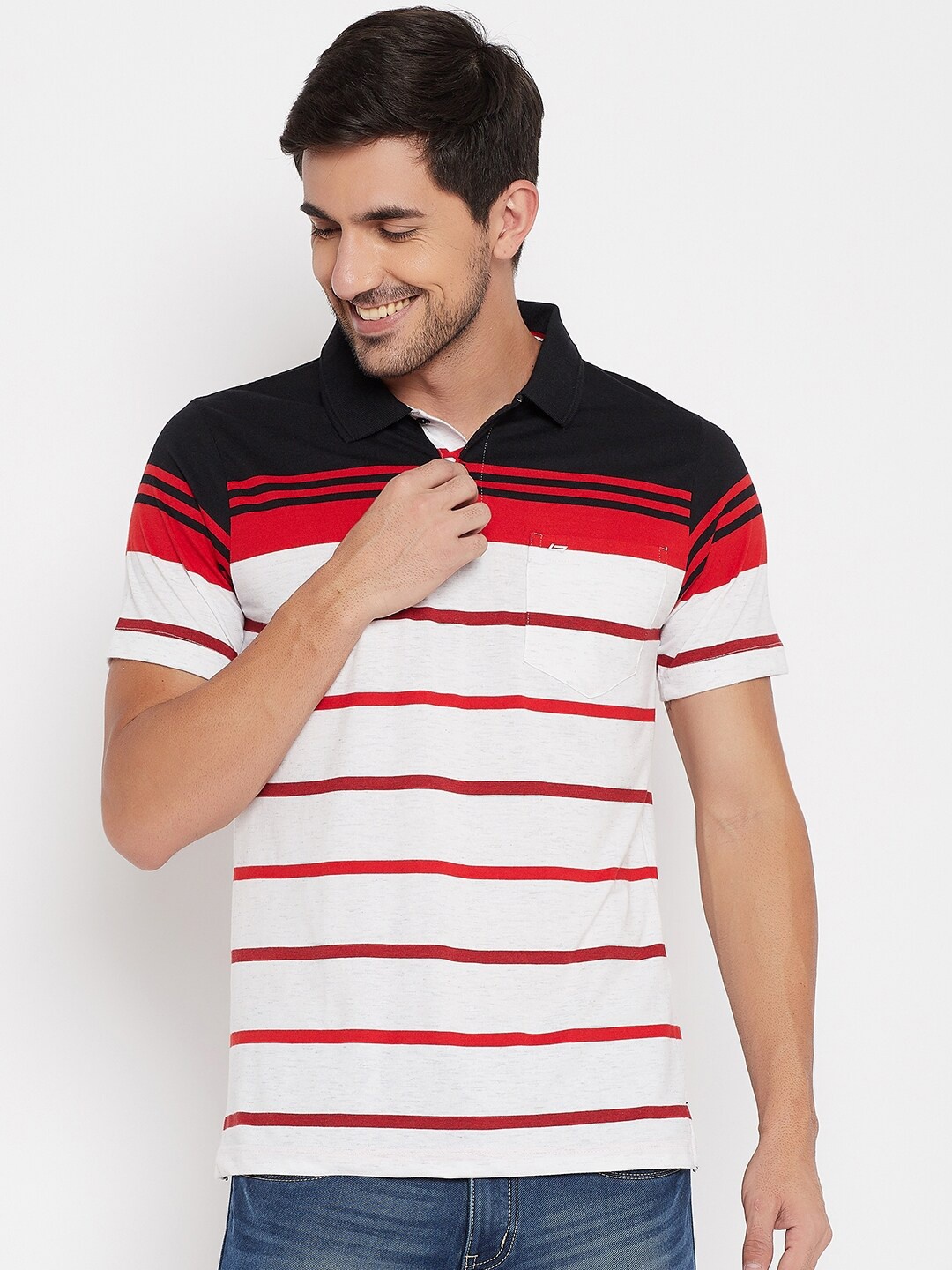 

NEVA Men Red & White Striped Polo Collar Pockets T-shirt