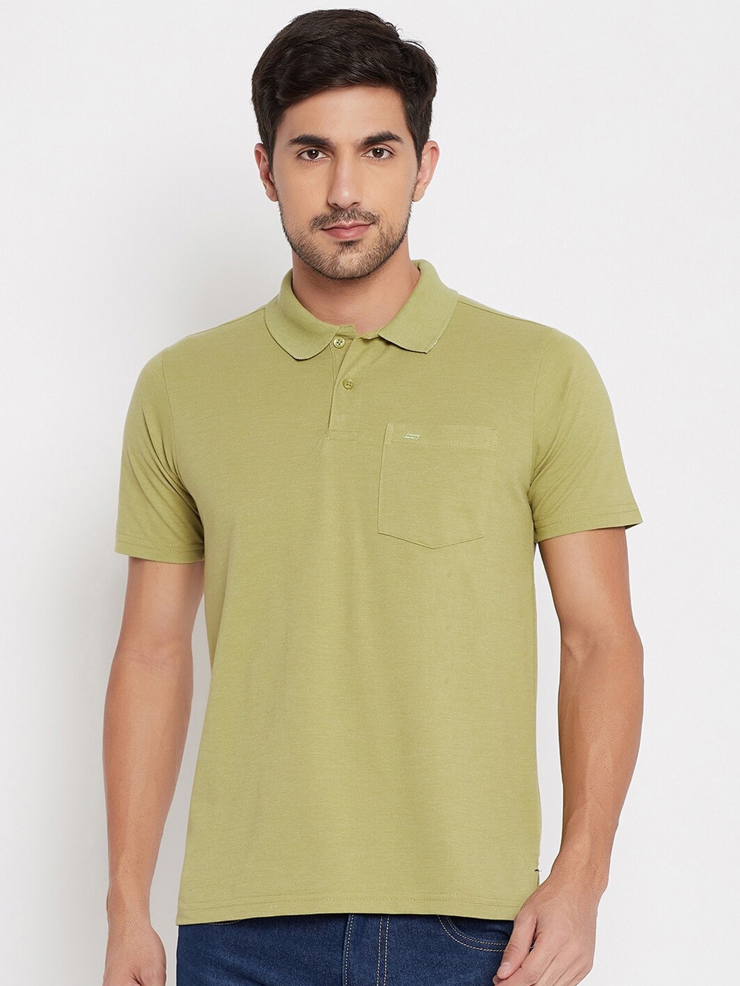 

NEVA Men Green Solid Cotton Polo Collar T-shirt