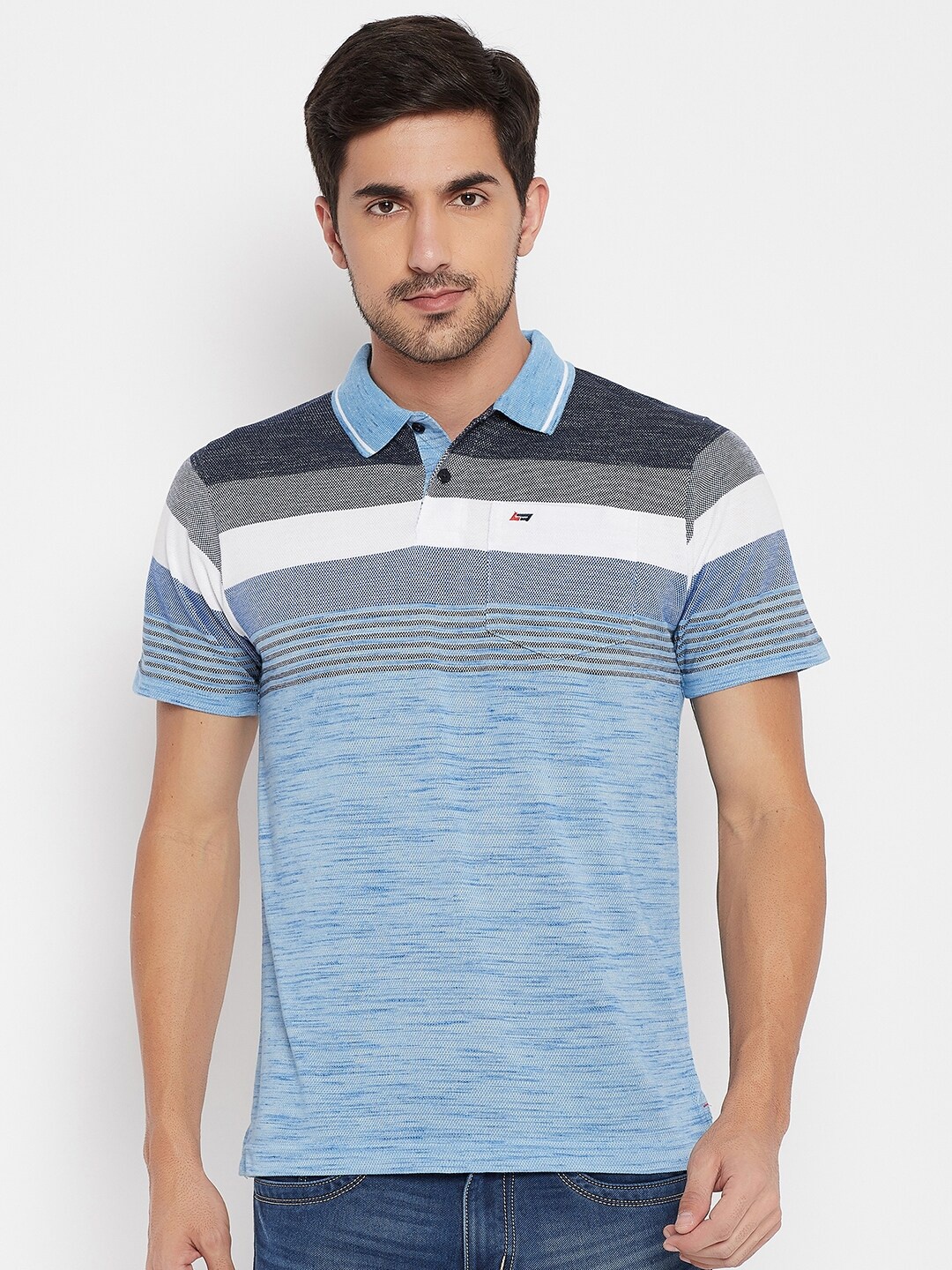 

NEVA Men Blue & Grey Striped Polo Collar Pockets T-shirt