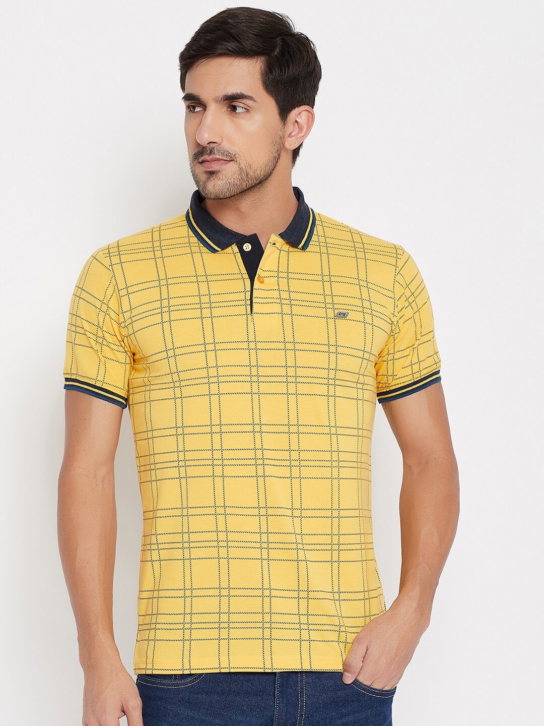 

NEVA Men Mustard Yellow Checked Polo Collar T-shirt