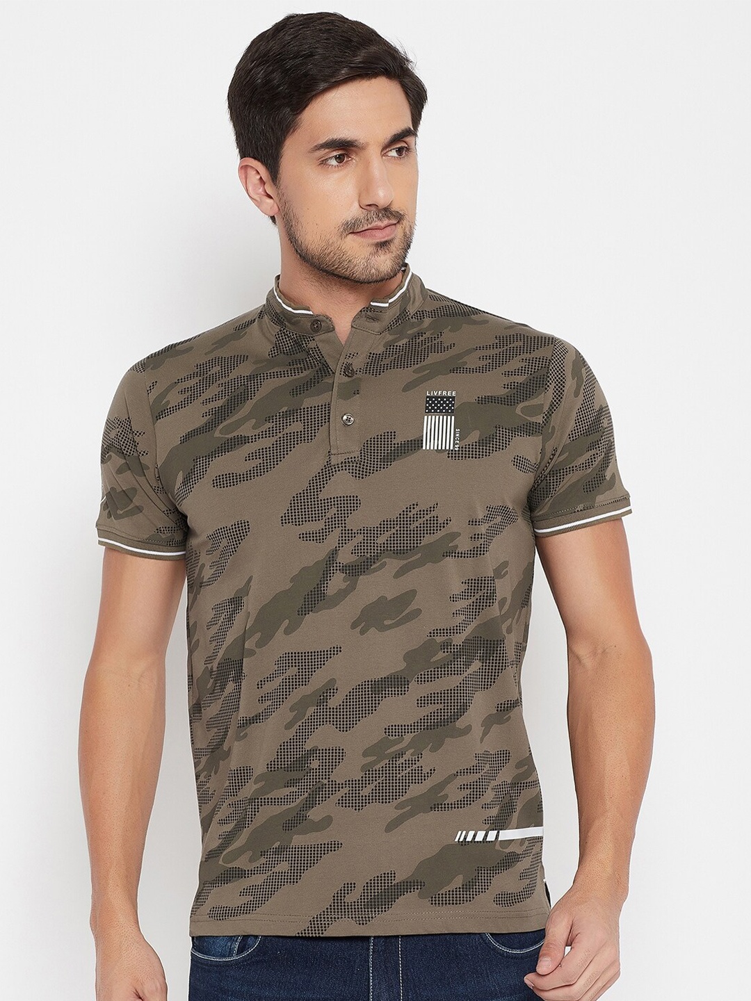 

NEVA Men Brown Camouflage Printed Band Collar T-shirt