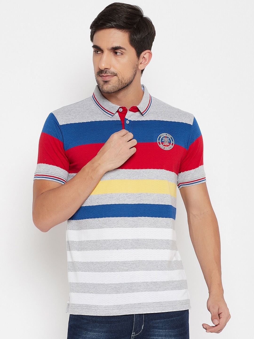 

NEVA Men Grey & White Striped Polo Collar T-shirt