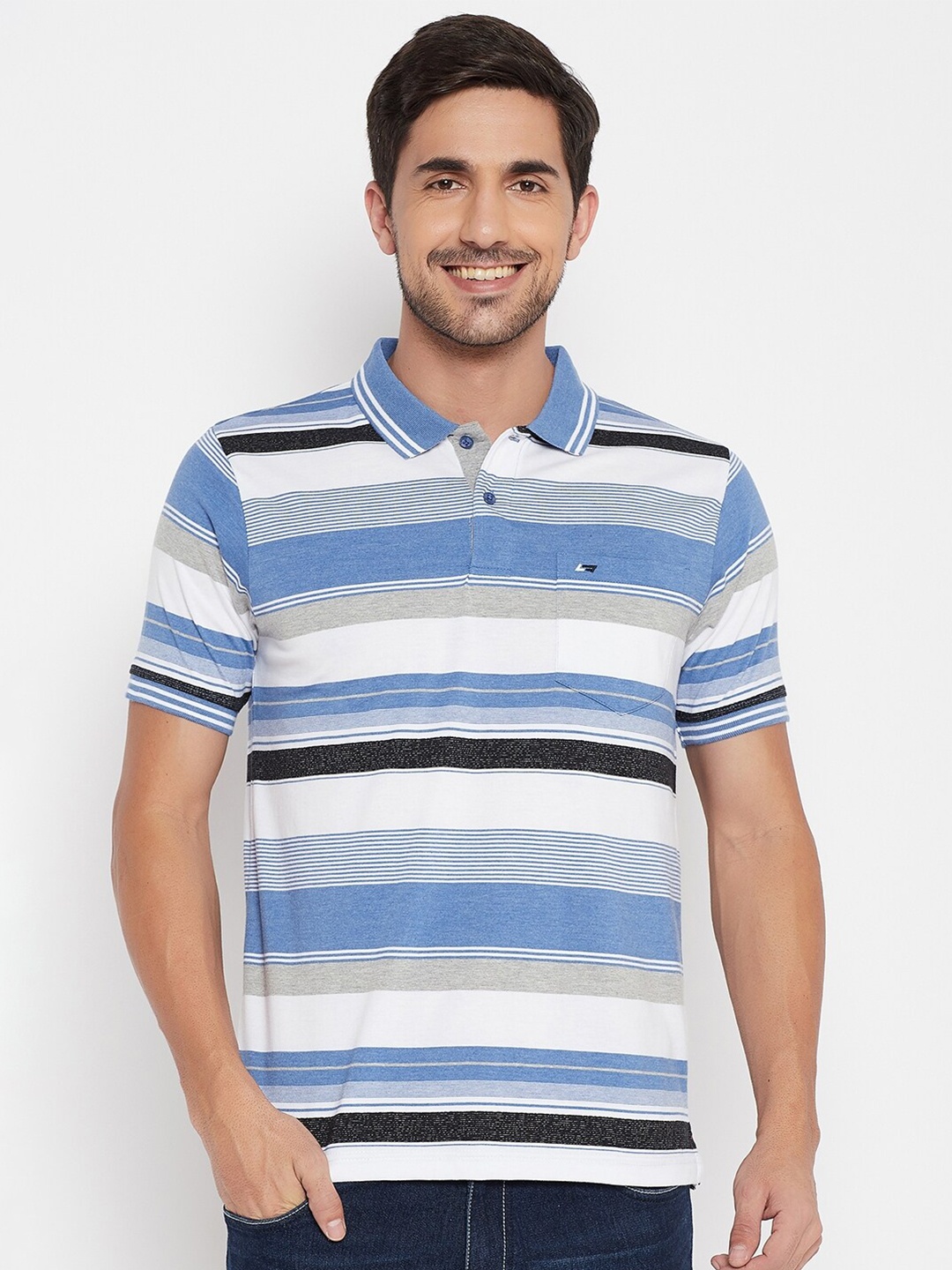 

NEVA Men Blue & White Striped Polo Collar Pockets T-shirt