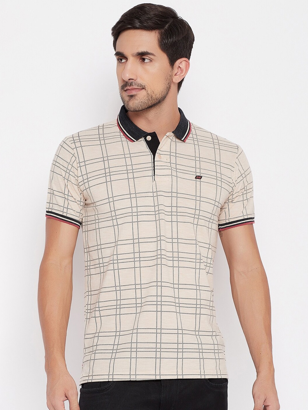 

NEVA Men Cream & Charcoal Checked Cotton Polo Collar T-shirt