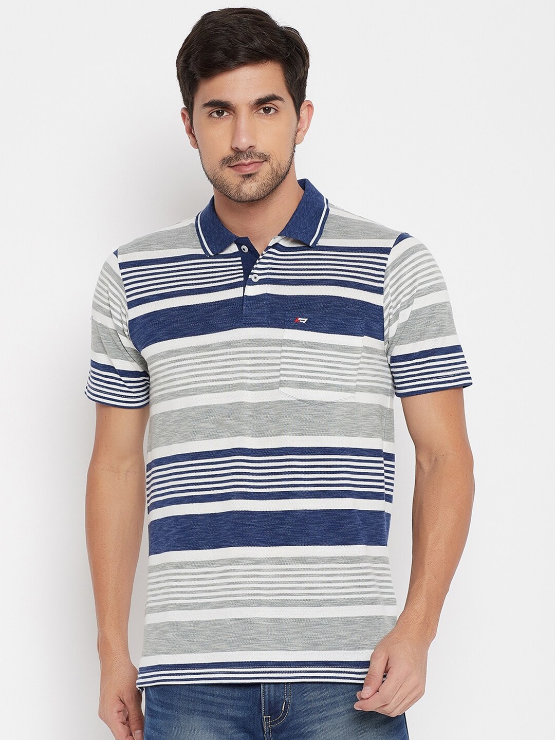 

NEVA Men Blue & Grey Striped Polo Collar Pockets T-shirt