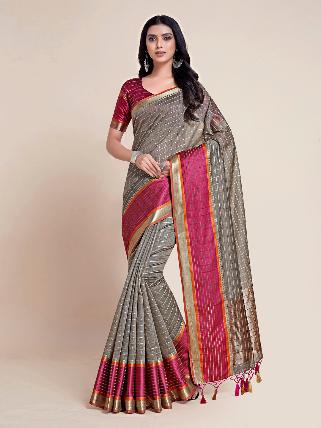 

MIMOSA Grey & Pink Checked Zari Art Silk Banarasi Saree