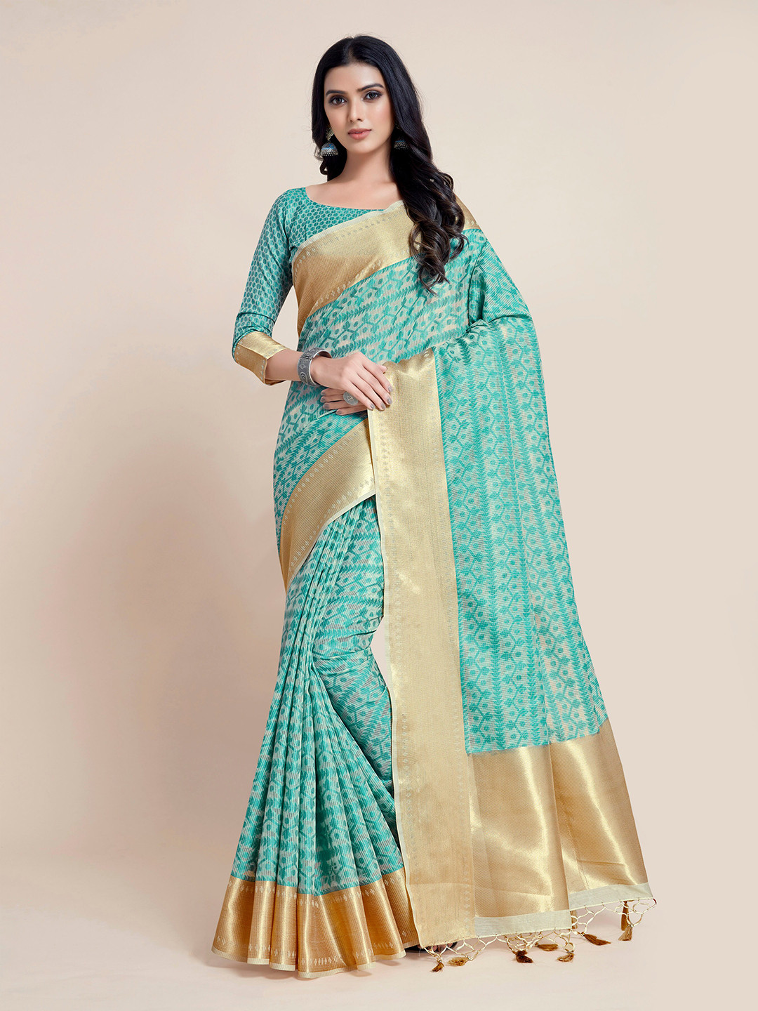 

MIMOSA Turquoise Blue & Gold-Toned Zari Art Silk Banarasi Saree