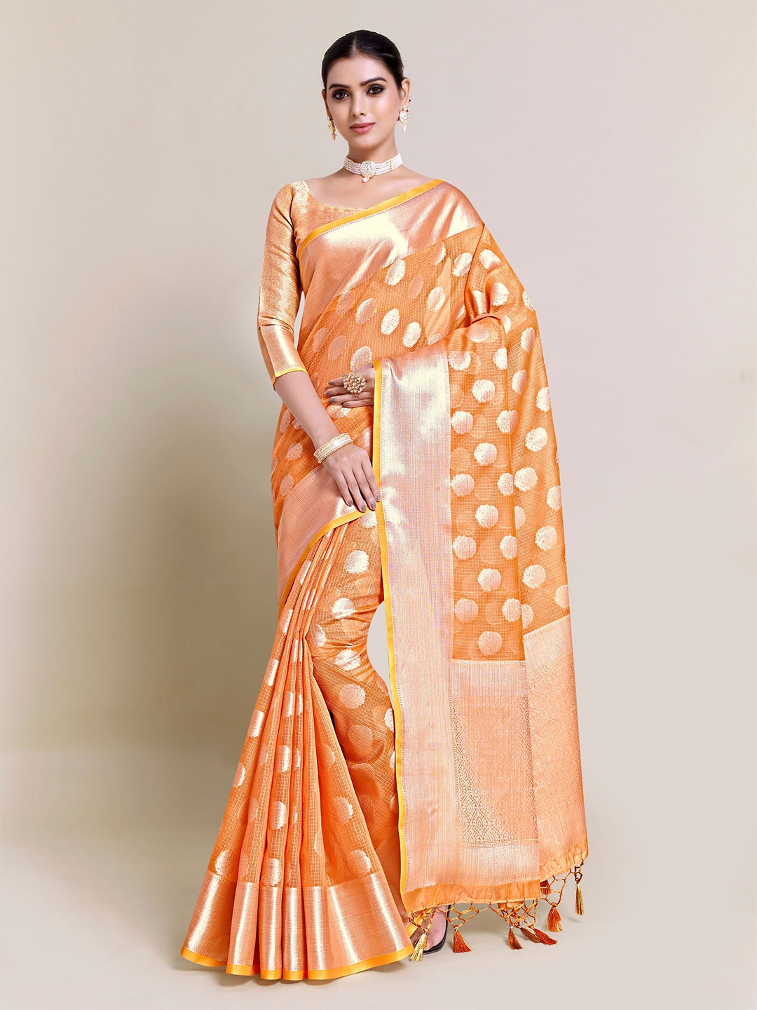 

MIMOSA Orange & Gold-Toned Floral Zari Art Silk Banarasi Saree