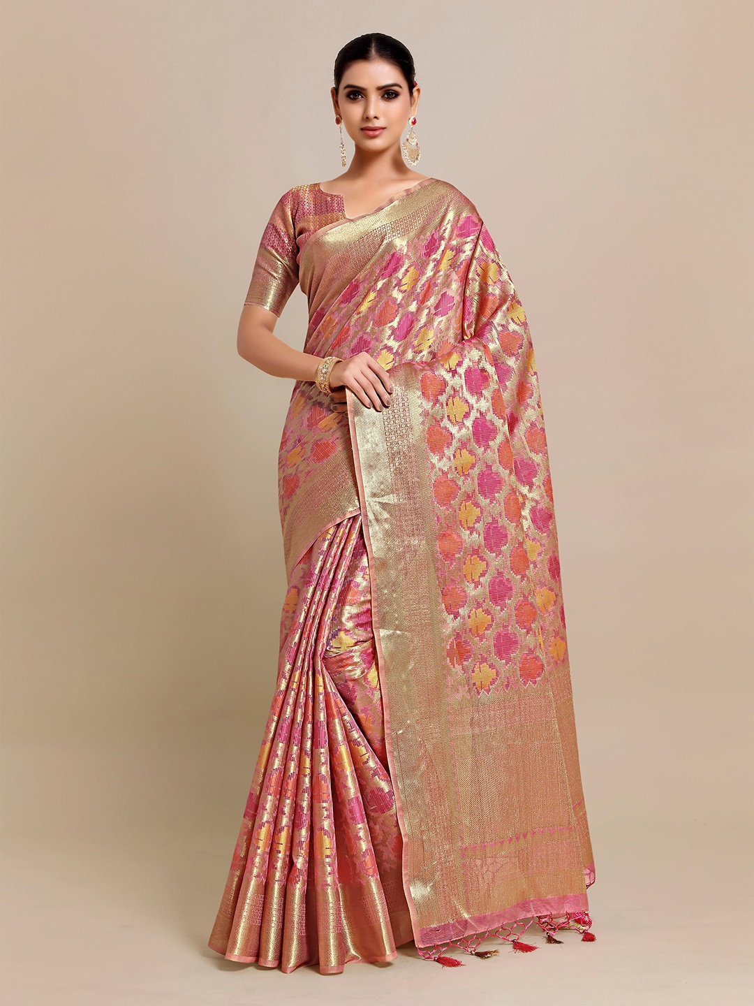 

MIMOSA Pink & Gold-Toned Zari Art Silk Banarasi Saree
