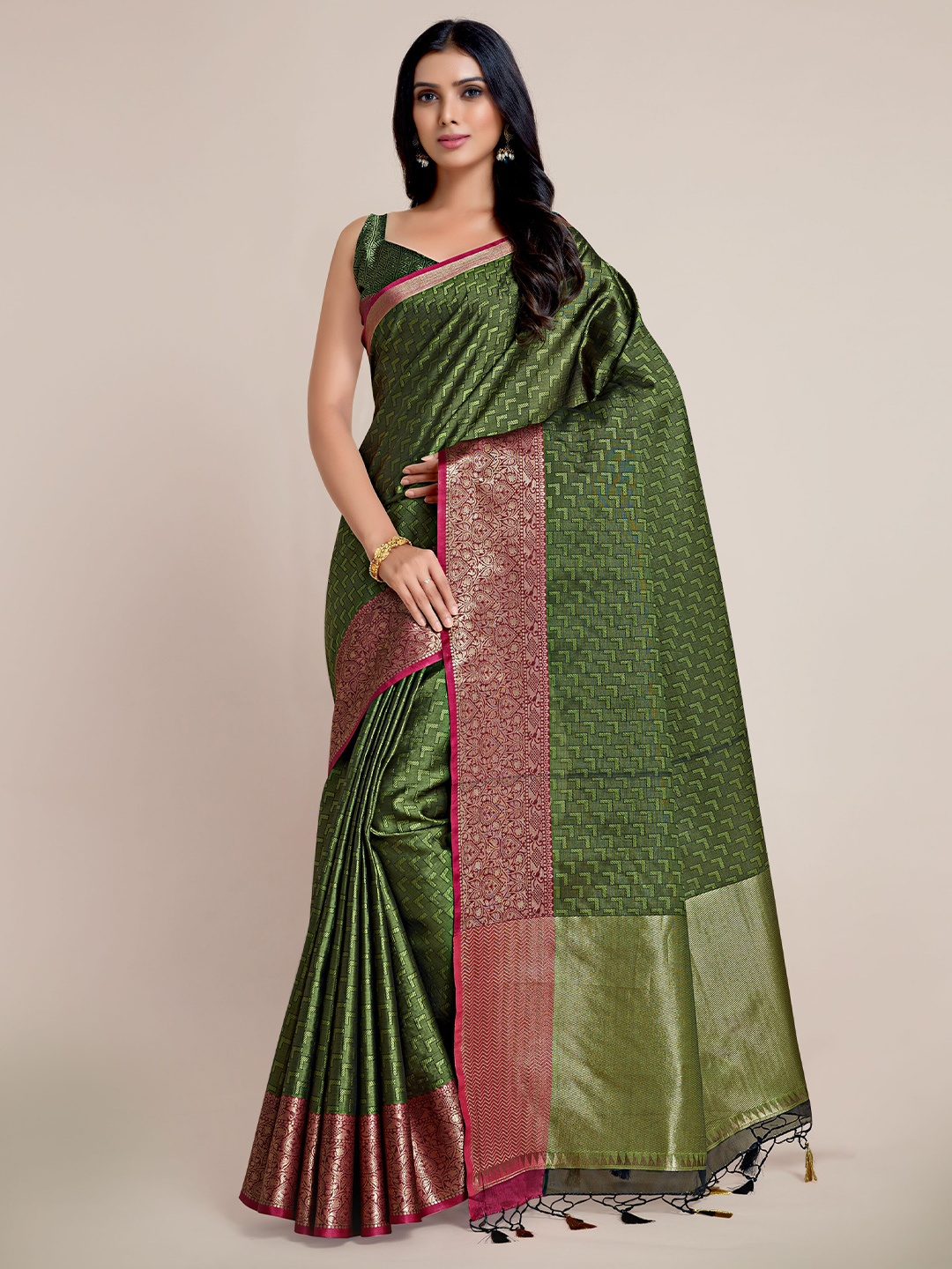 

MIMOSA Olive Green & Pink Zari Art Silk Banarasi Saree