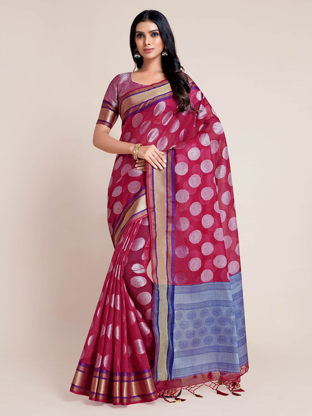 

MIMOSA Pink & Blue Floral Art Silk Banarasi Saree