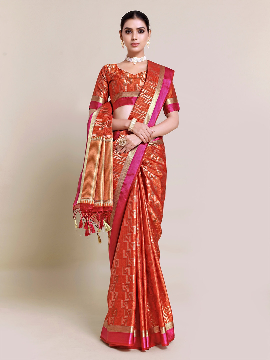 

MIMOSA Orange & Pink Zari Art Silk Banarasi Saree