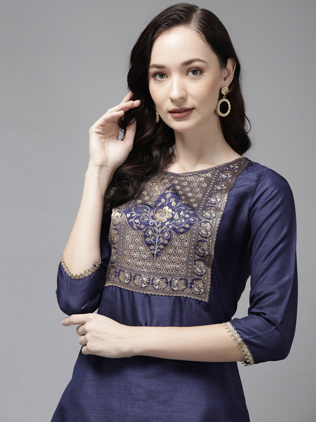 

Indo Era Women Navy Blue Floral Yoke Design Kurta
