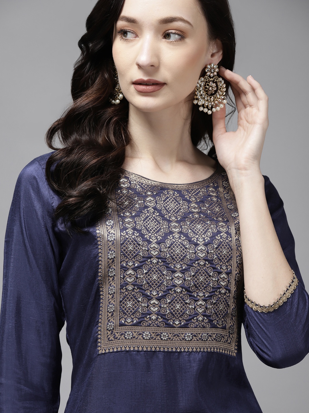 

Indo Era Women Navy Blue Ethnic Motifs Yoke Design Kurta