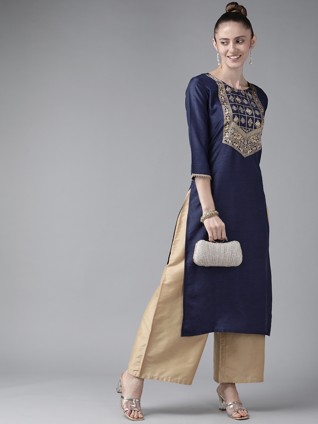 

Indo Era Women Navy Blue Ethnic Motifs Yoke Design Kurta