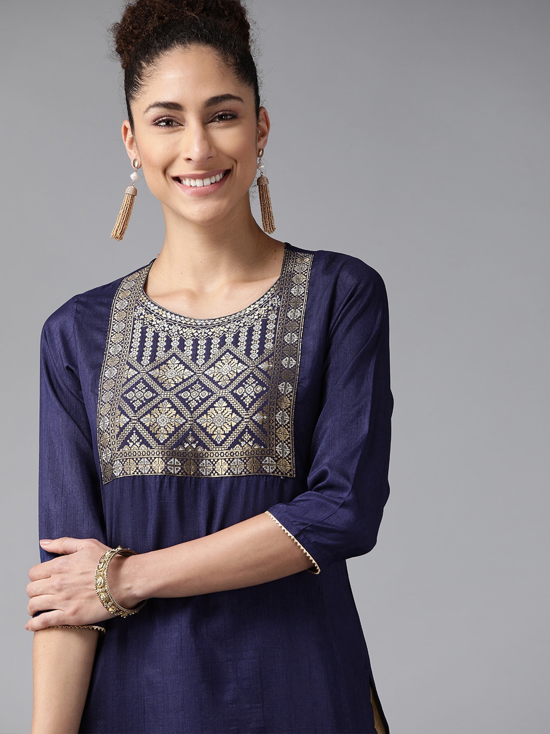 

Indo Era Women Navy Blue Yoke Design Kurta
