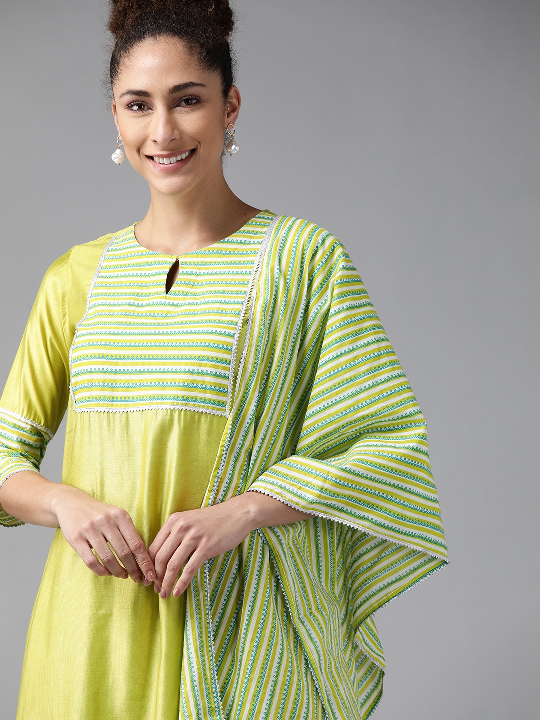 

Indo Era Women Lime Green Yoke Design Regular Liva Kurta with Palazzos & Dupatta