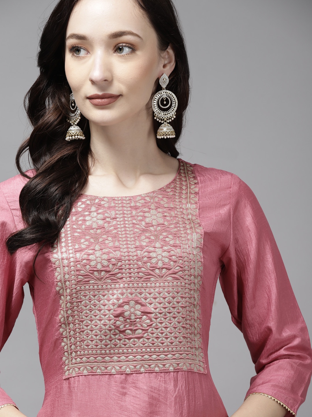 

Indo Era Women Pink & Golden Ethnic Motifs Yoke Design Kurta