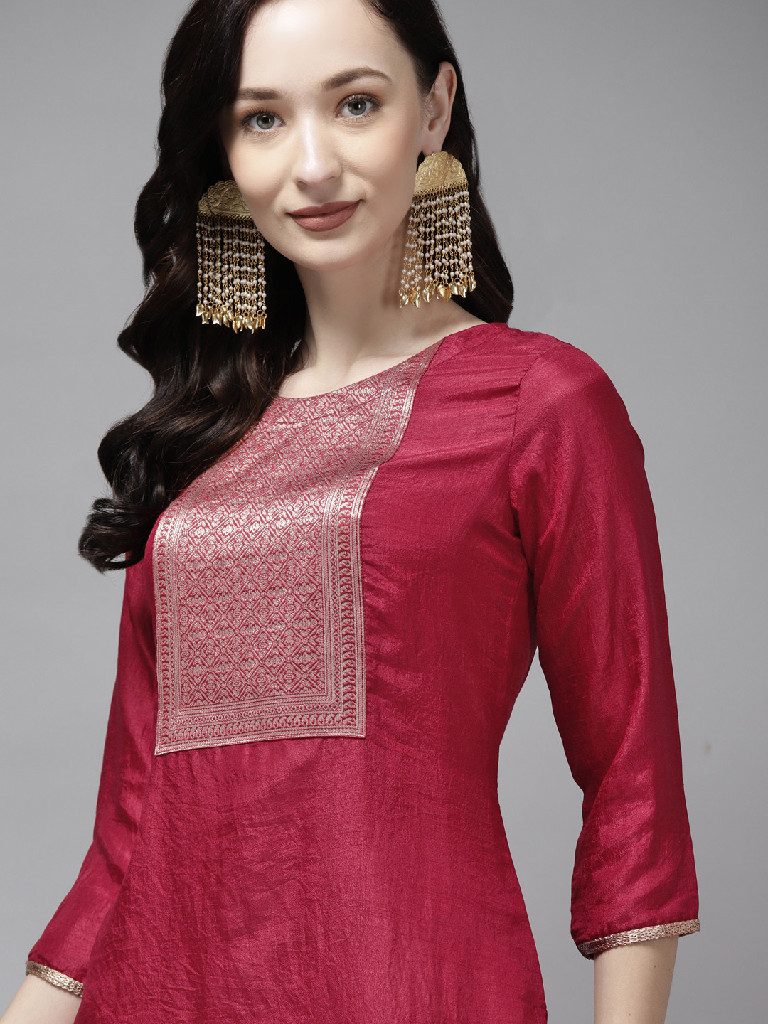 

Indo Era Women Maroon Ethnic Motifs Yoke Design Straight Kurta