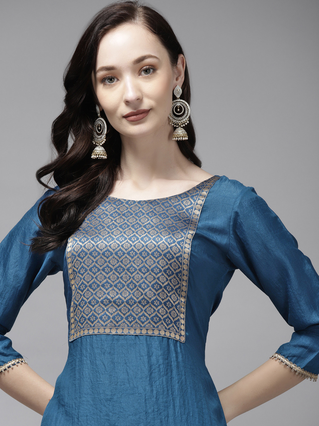 

Indo Era Women Blue Floral Yoke Design Kurta