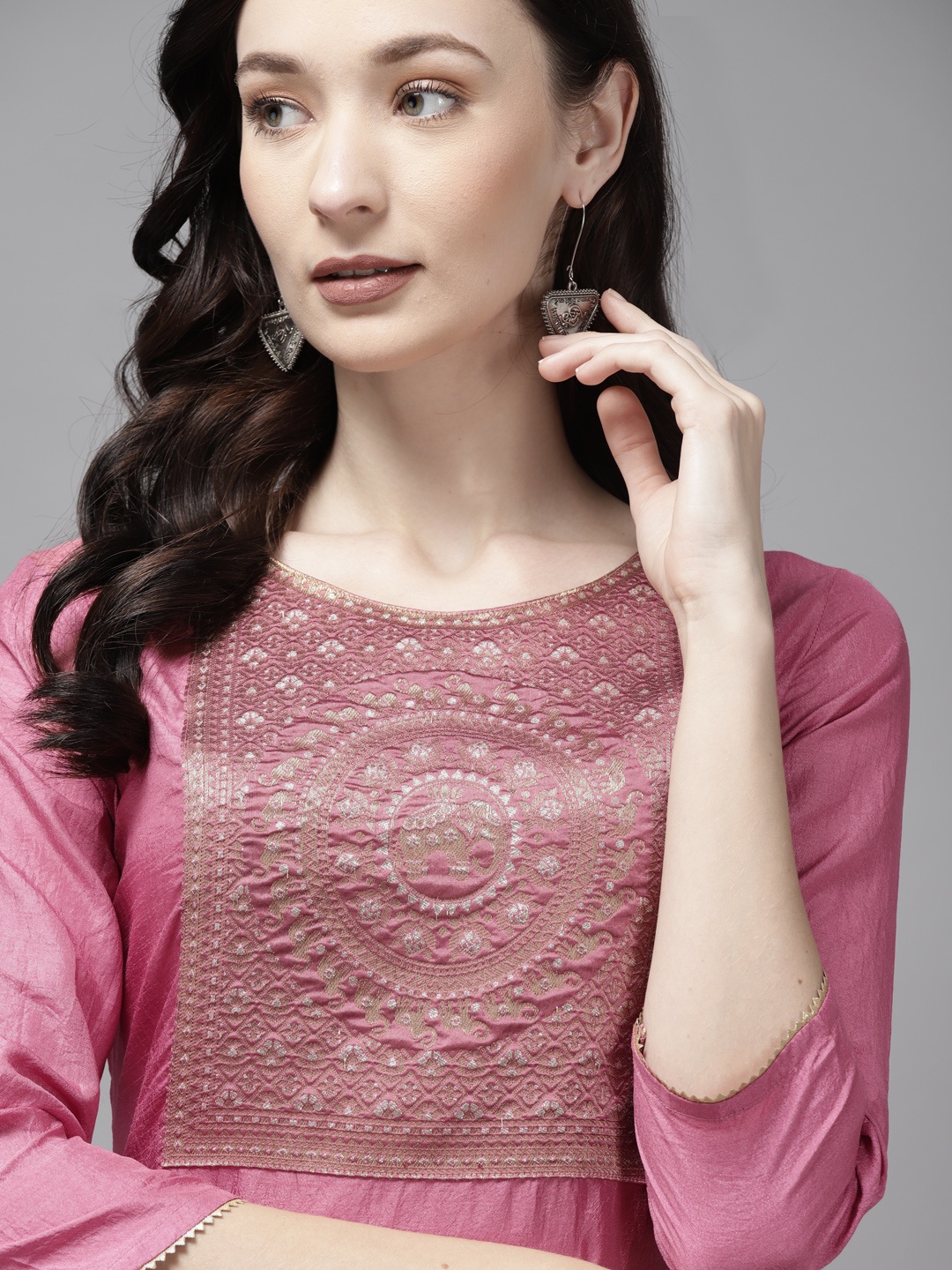 

Indo Era Women Pink & Golden Ethnic Motifs Yoke Design Kurta