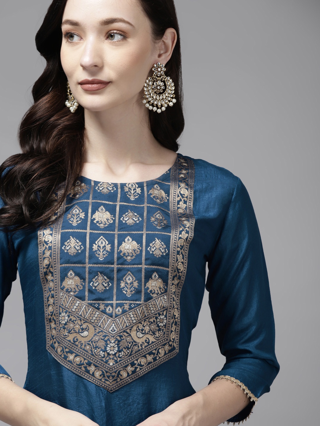 

Indo Era Women Teal Blue & Golden Ethnic Motifs Yoke Design Kurta