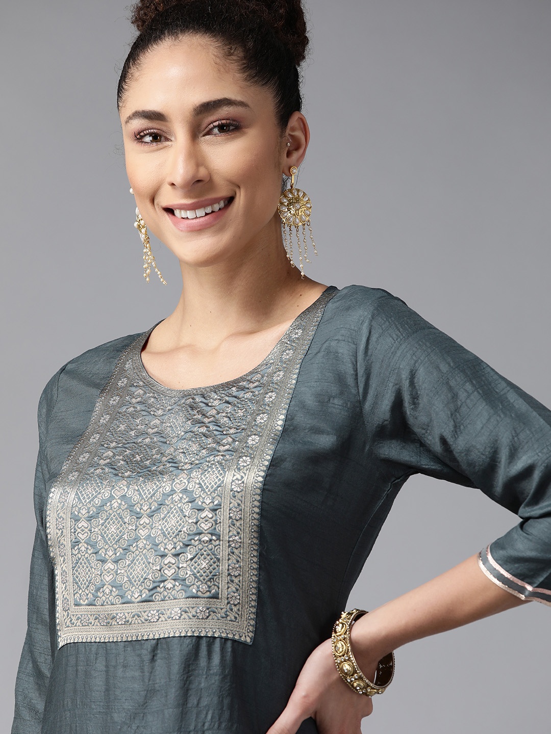 

Indo Era Women Grey Yoke Design Kurta