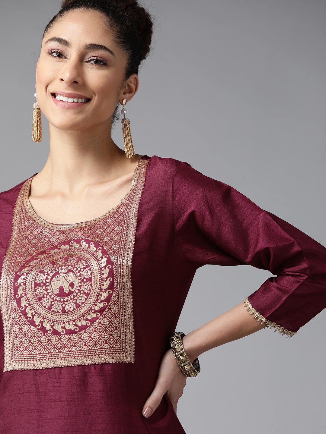

Indo Era Women Burgundy Ethnic Motifs Yoke Design Kurta