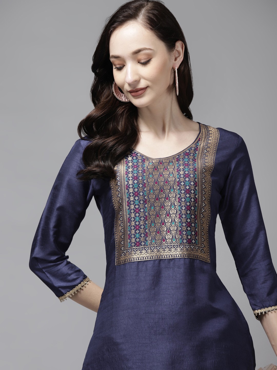 

Indo Era Women Navy Blue & Golden Ethnic Motifs Yoke Design Straight Kurta