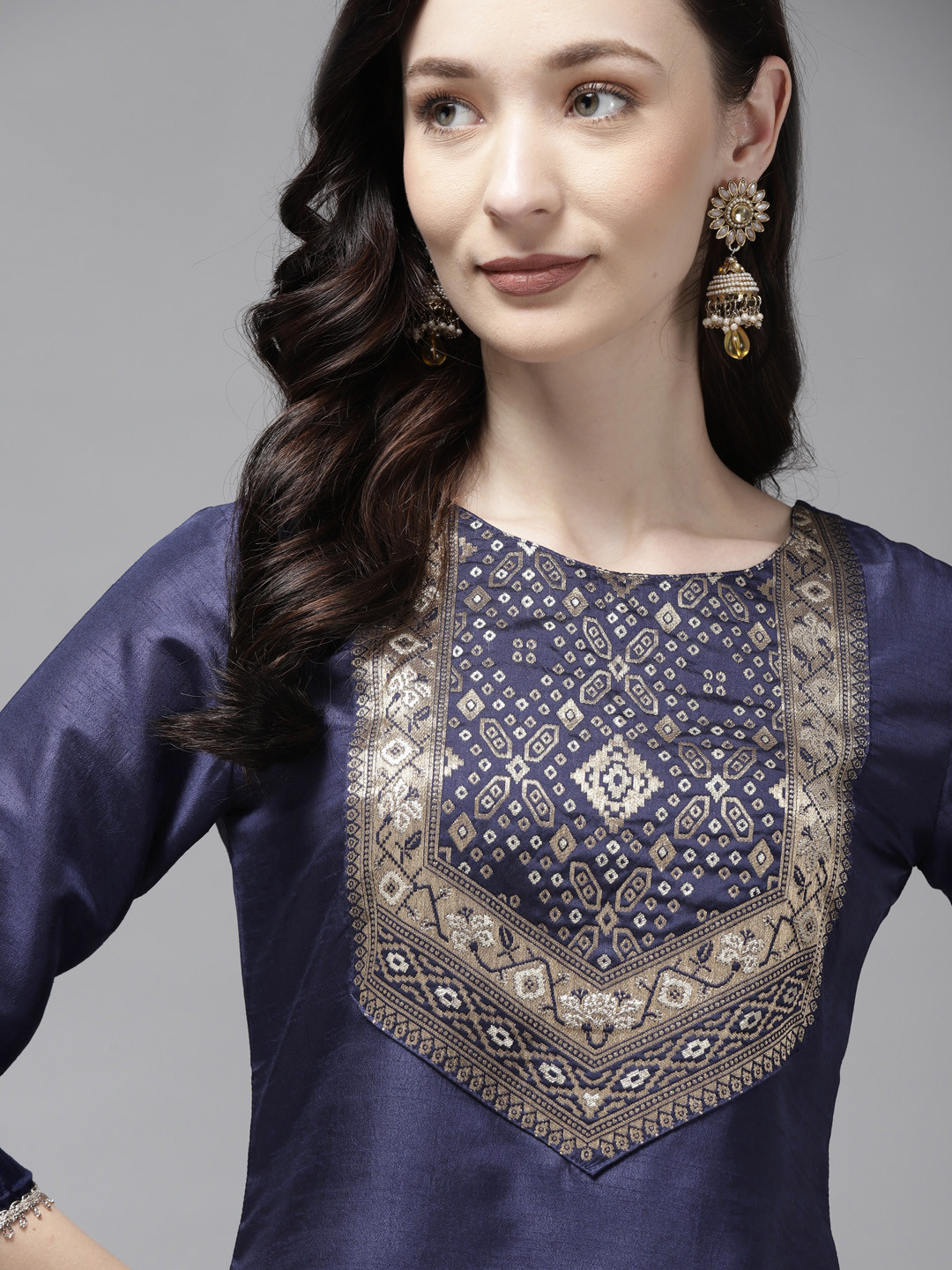 

Indo Era Women Navy Blue Geometric Yoke Design Kurta