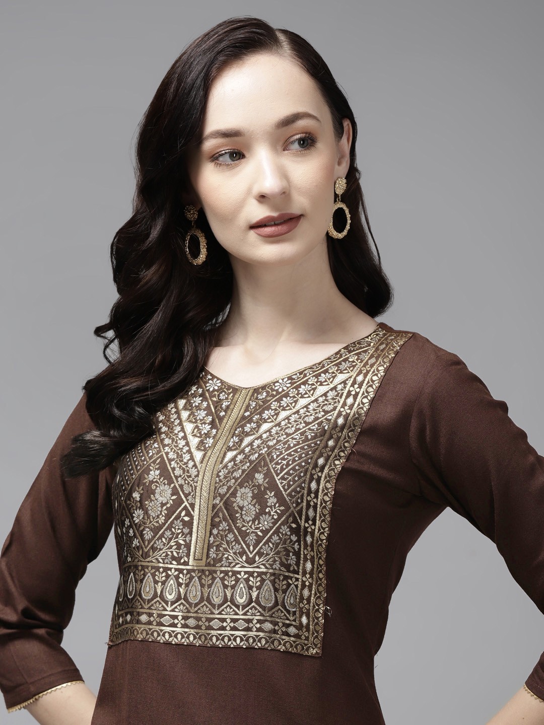 

Indo Era Women Brown & Golden Ethnic Motifs Yoke Design Kurta