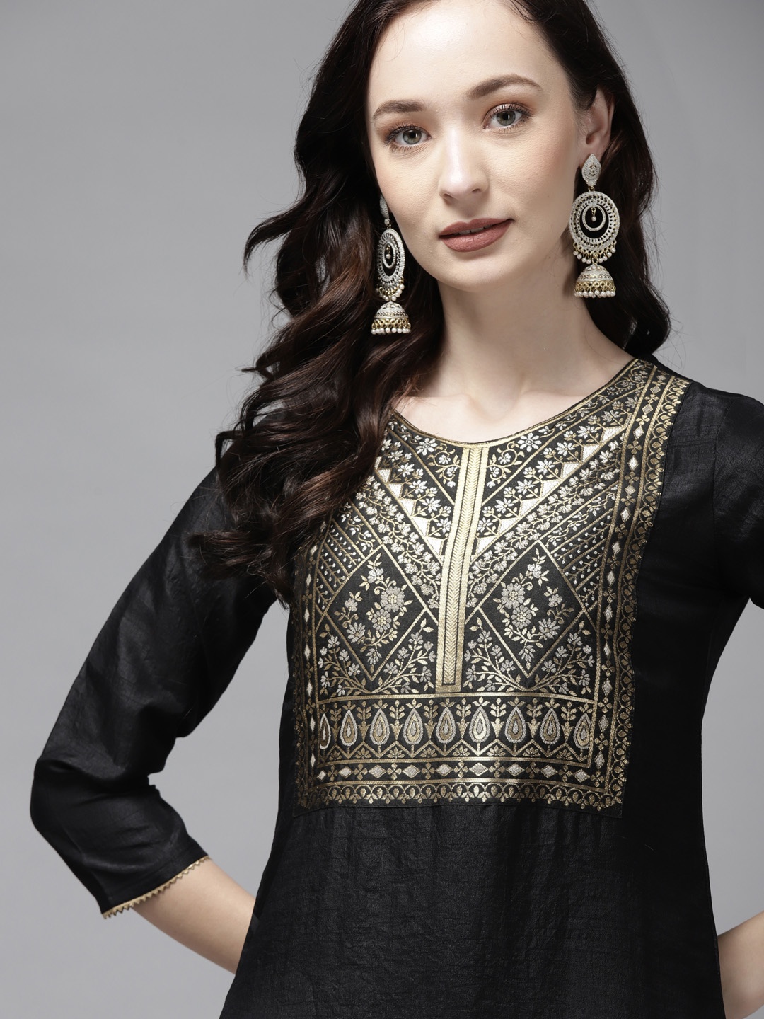 

Indo Era Women Black & Golden Ethnic Motifs Yoke Design Kurta
