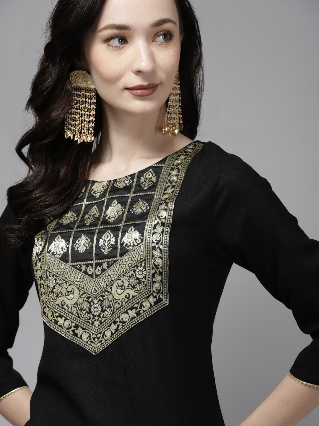 

Indo Era Women Black & Golden Ethnic Motifs Yoke Design Pure Cotton Kurta