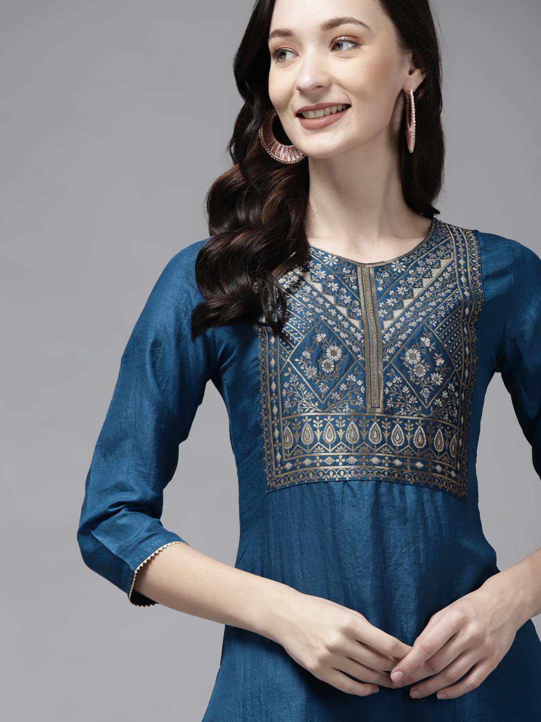 

Indo Era Women Blue Ethnic Motifs Yoke Design Kurta