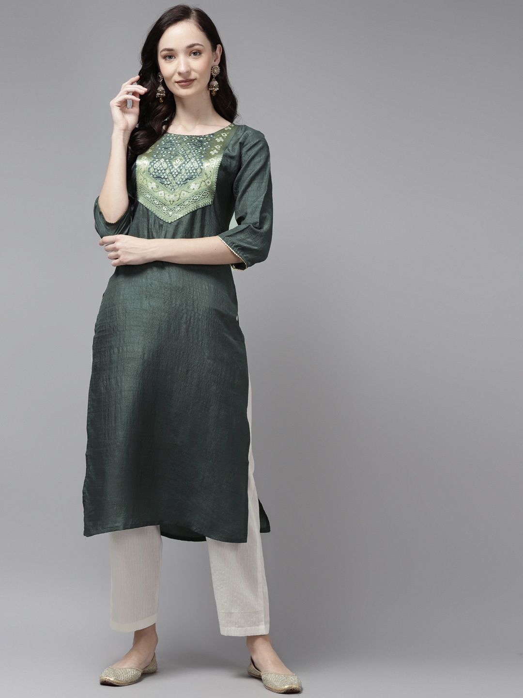 

Indo Era Women Charcoal Grey Ethnic Motifs Yoke Design Kurta