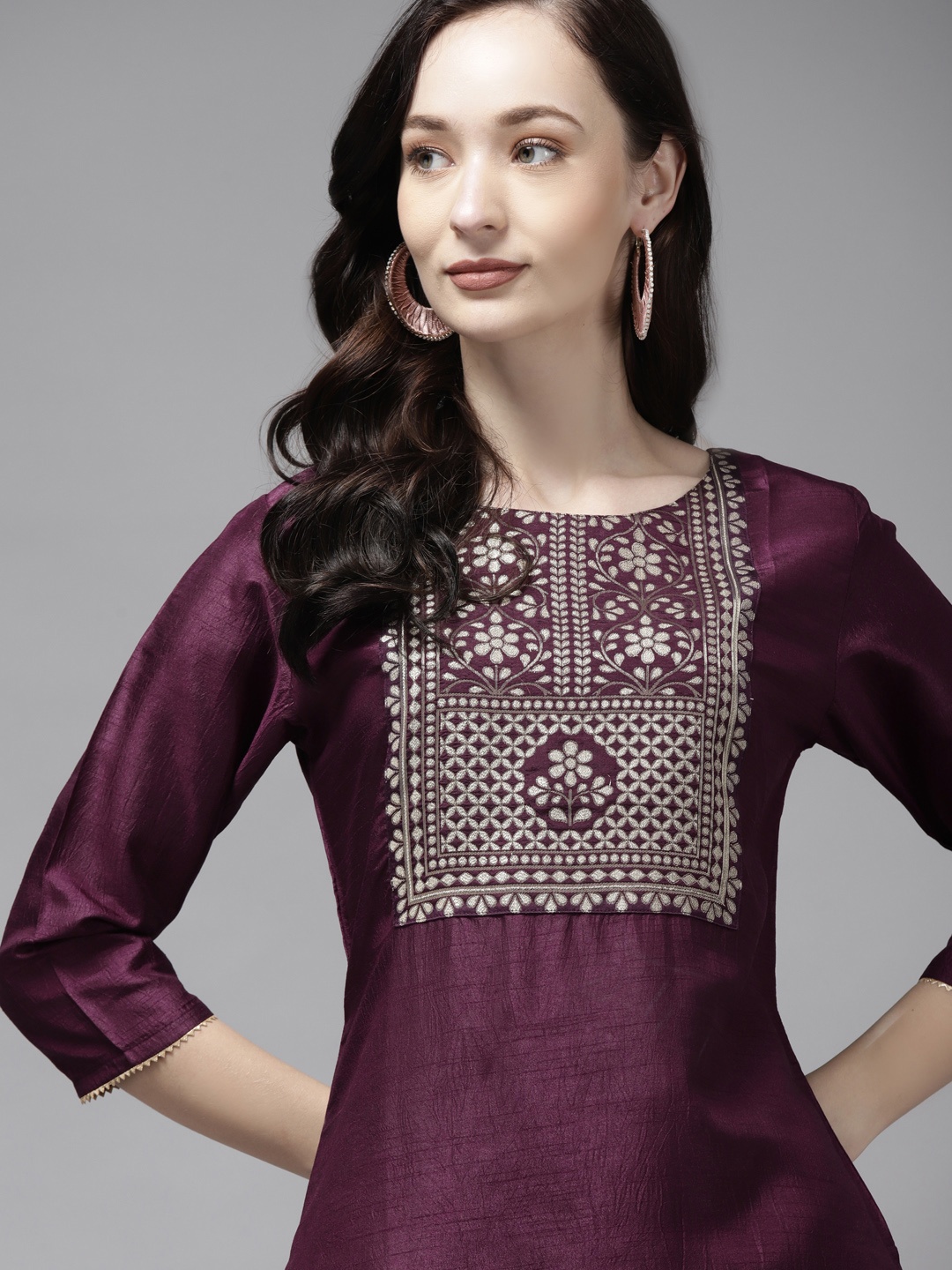 

Indo Era Women Burgundy & Golden Ethnic Motifs Yoke Design Kurta