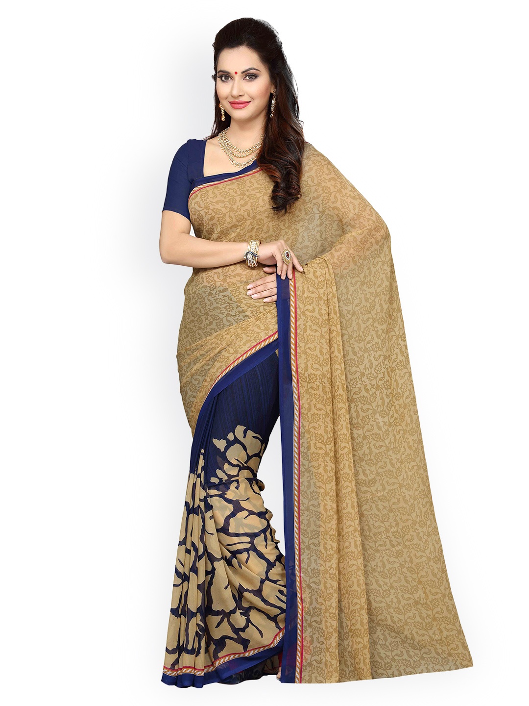 

Ishin Navy & Beige Poly Georgette Printed Saree, Navy blue