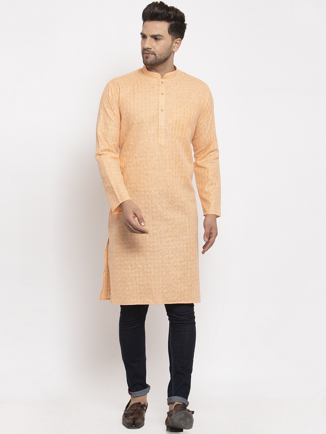 

KRAFT INDIA Men Peach-Coloured Woven Design Dobby Straight Kurta