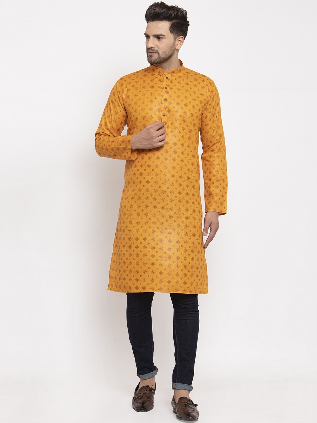 

KRAFT INDIA Men Mustard Yellow Ethnic Motifs Printed Straight Kurta