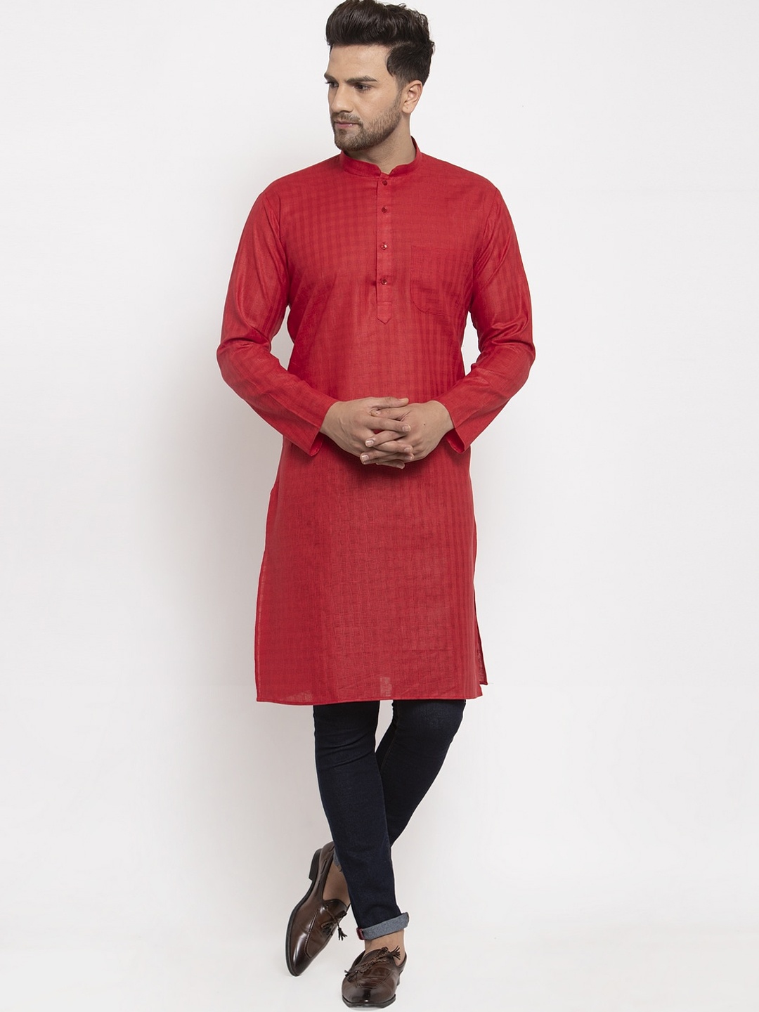 

KRAFT INDIA Men Red Cotton Dobby Woven Design straight Kurta