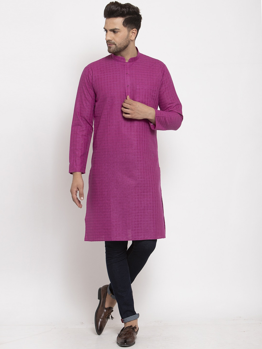

KRAFT INDIA Men Purple Thread Work Dobby Kurta