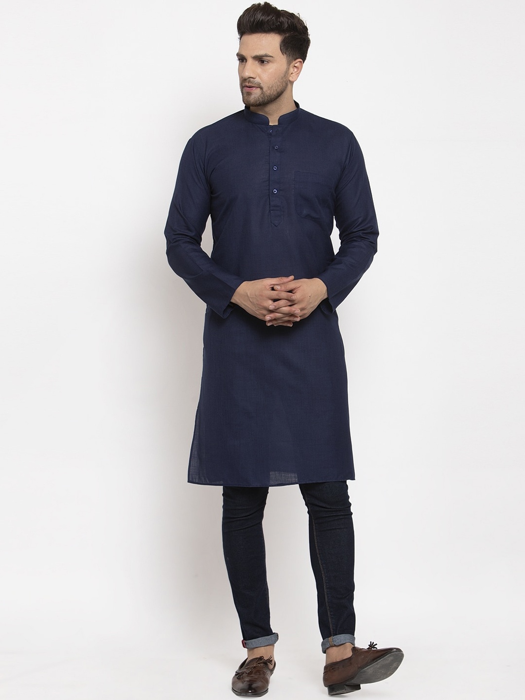 

KRAFT INDIA Men Navy Blue Solid Cotton Straight Kurta