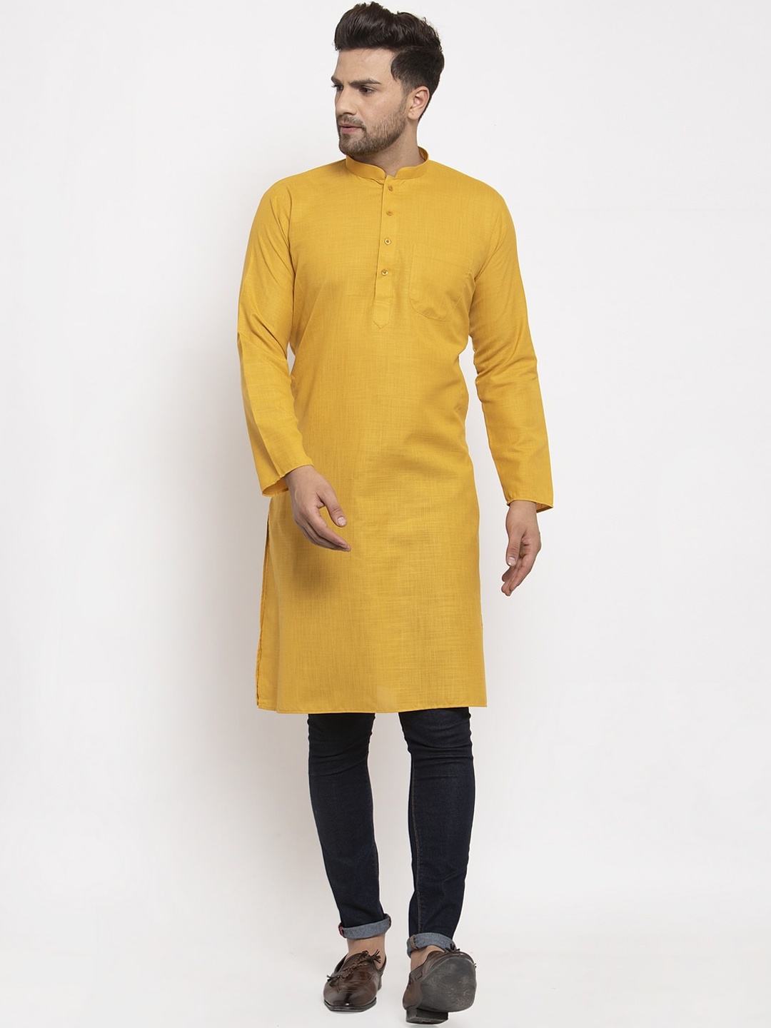 

KRAFT INDIA Men Mustard Yellow Cotton Straight Kurta